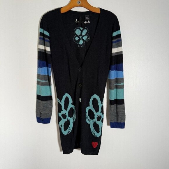Desigual Sweaters - Desigual Long Cardigan Black Stirped Drawn Flowers Artsy Acrylic wool Blend S